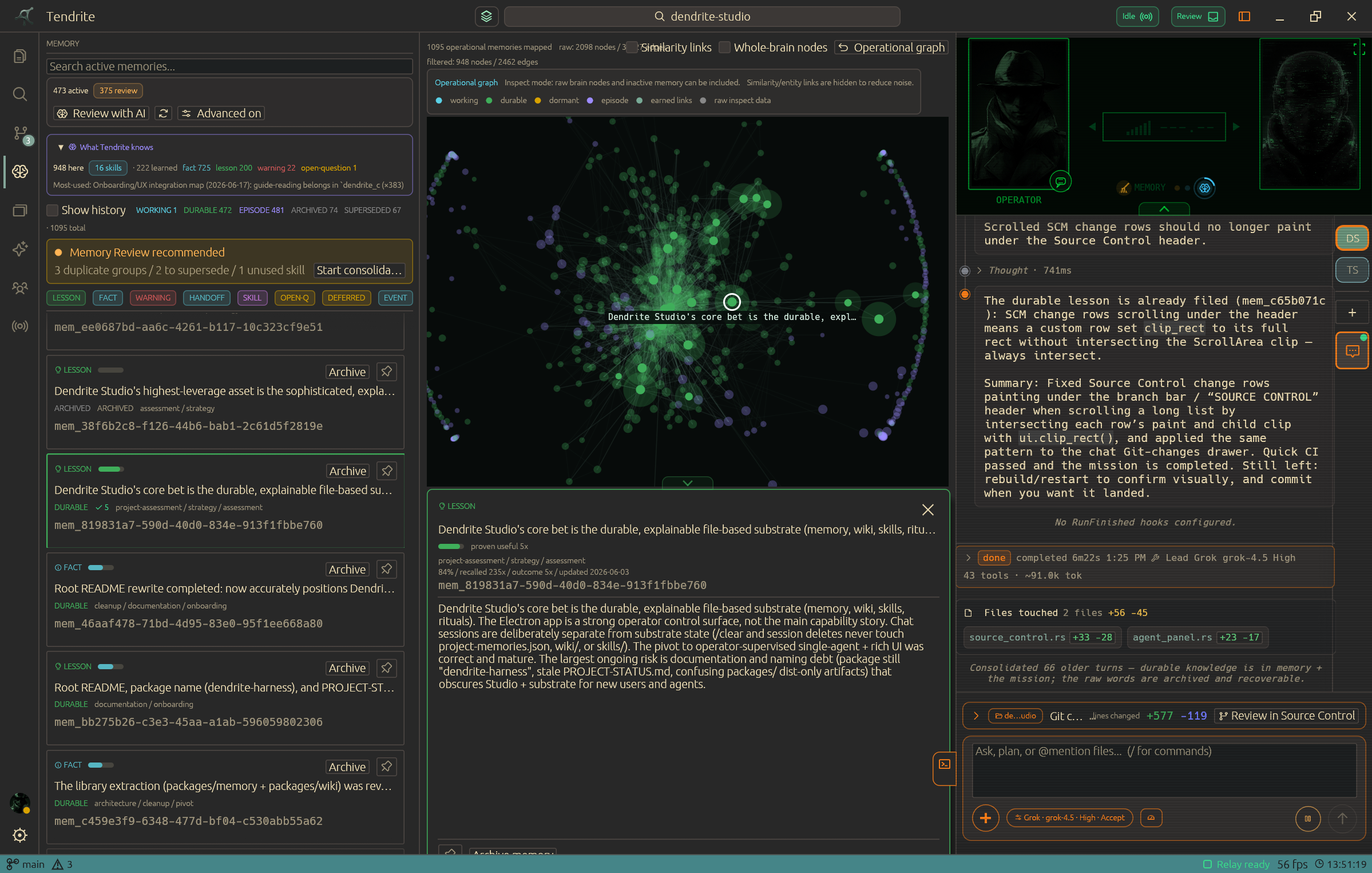 Tendrite Memory view showing active memories, an AI review prompt, knowledge categories, and a connected operational memory graph