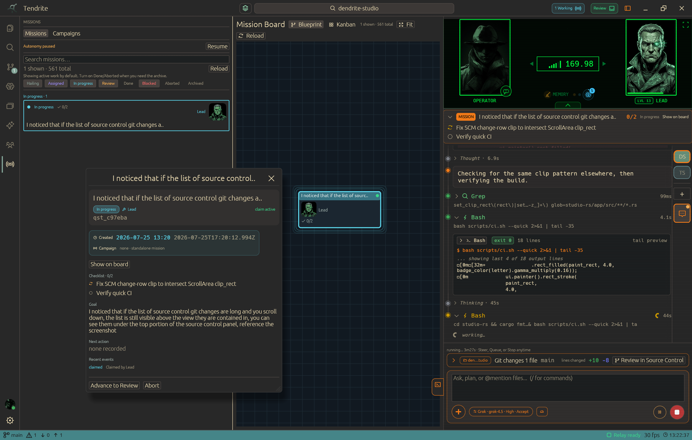Tendrite mission board with agents actively working on a scoped implementation mission